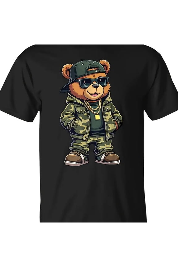 【New Arrival】Hip Hop Camo Teddy Bear with Sunglasses and Gold Chain Streetwear Graphic T-Shirt, Black Cotton Crew Neck Urban Swag Tee