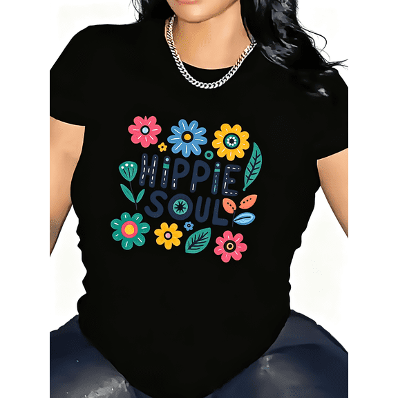 【New Arrival】Hippie Soul Colorful Floral Graphic T-Shirt, Cotton Crew Neck Short Sleeve Tee, Boho Casual Wear Retro Flower Lover Gift