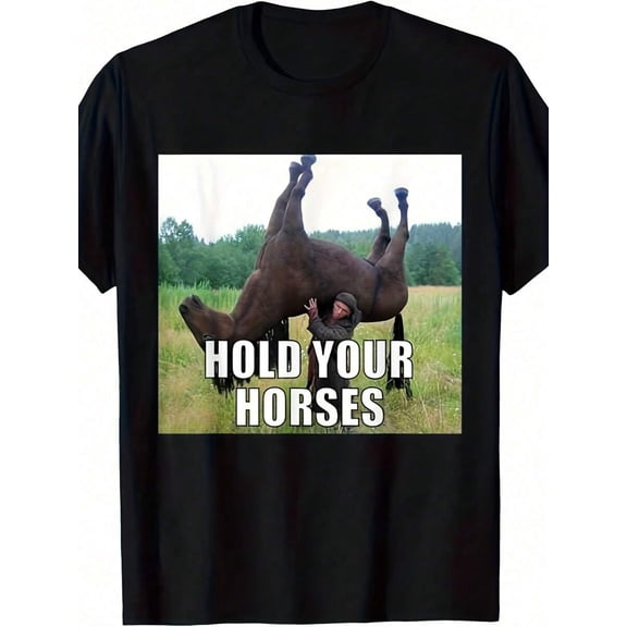 【New Arrival】Hold Your Horses Funny Upside Down Horse Cartoon Graphic T-Shirt, Unisex Cotton Crew Neck Sarcasm Idiom Meme Casual Tee, Country Animal Lover Novelty Gift