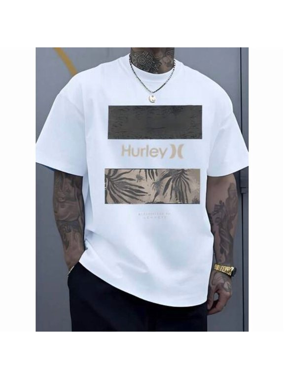 【New Arrival】Hurley Men's T-Shirt Tropical Palm Print Graphic Tee Casual Crew Neck Short Sleeve Cotton Summer Beach Streetwear Tops White