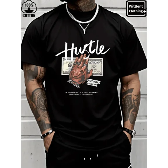 【New Arrival】Hustle Motivational Money Hand Streetwear Graphic T-Shirt, Unisex Cotton Crew Neck Inspirational Urban Tee, Entrepreneur Daily Gift