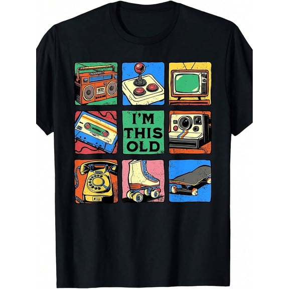 【New Arrival】I'm This Old Retro Gadget Grid Graphic T-Shirt, Vintage Boombox Cassette Skateboard Crew Neck Cotton Tee, Casual Nostalgia Gift For 80s 90s Lovers
