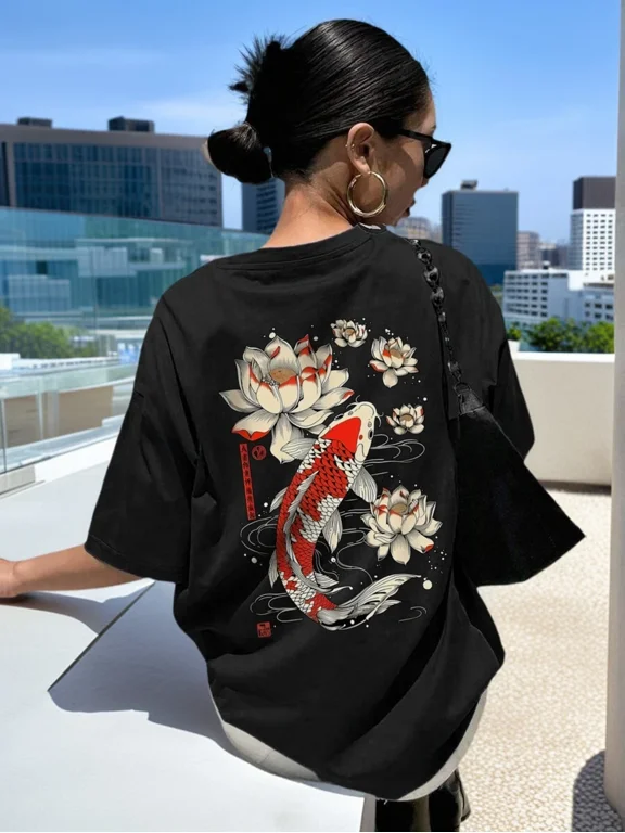 【New Arrival】Japanese Koi Fish Lotus Flower Back Print Graphic T-Shirt, Women Oriental Aesthetic Casual Short Sleeve Tee