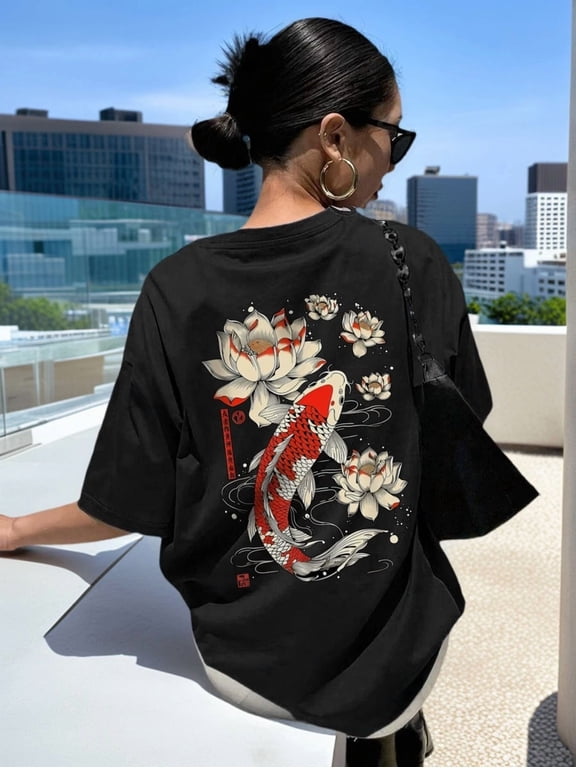 【New Arrival】Japanese Koi Fish Lotus Flower Back Print Graphic T-Shirt, Women Oriental Aesthetic Casual Short Sleeve Tee