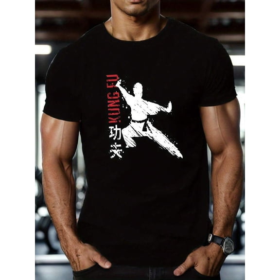 【New Arrival】Kung Fu Distressed Martial Artist Silhouette Chinese Character Graphic T-Shirt, Men Traditional Martial Arts Training Short Sleeve Tee