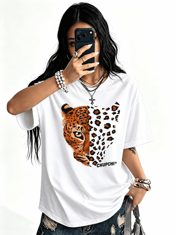 【New Arrival】 Leopard Graphic T-Shirt, Animal Print Big Cat Short Sleeve Crew Neck Casual Tee