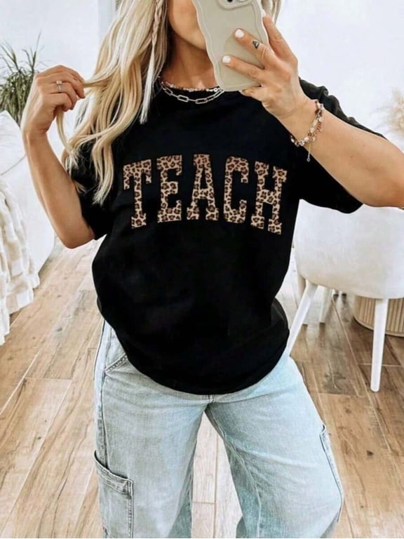 【New Arrival】Leopard Print Varsity TEACH Graphic T-Shirt, Unisex Cotton Crew Neck Casual Teacher Tee, Back To School Educator Gift