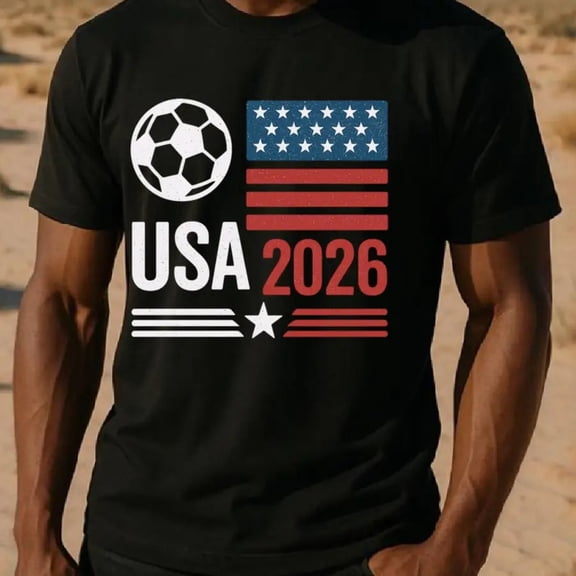 【New Arrival】Men's USA 2026 Soccer American Flag Graphic T-Shirt White Crew Neck Short Sleeve Patriotic Football Fan Casual Tee