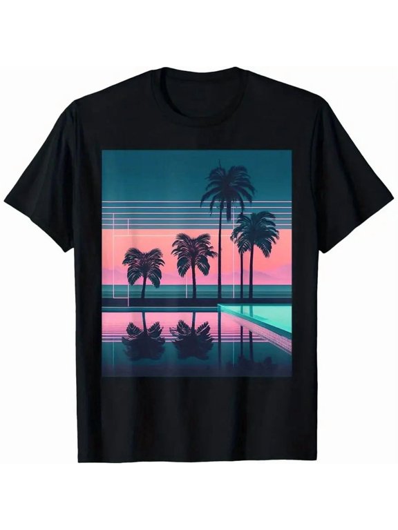 【New Arrival】Men's Vaporwave Sunset Palm Pool Graphic T-Shirt Casual Short Sleeve Crew Neck Retro Synthwave Streetwear Tee