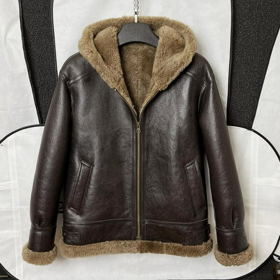 New Arrival Men's Winter Coat Genuine Sheepskin Shearling Coat Thick Warm Wool Liner with a Hood Outerware Brown Plus Oversized 58 60 62,48,Brown