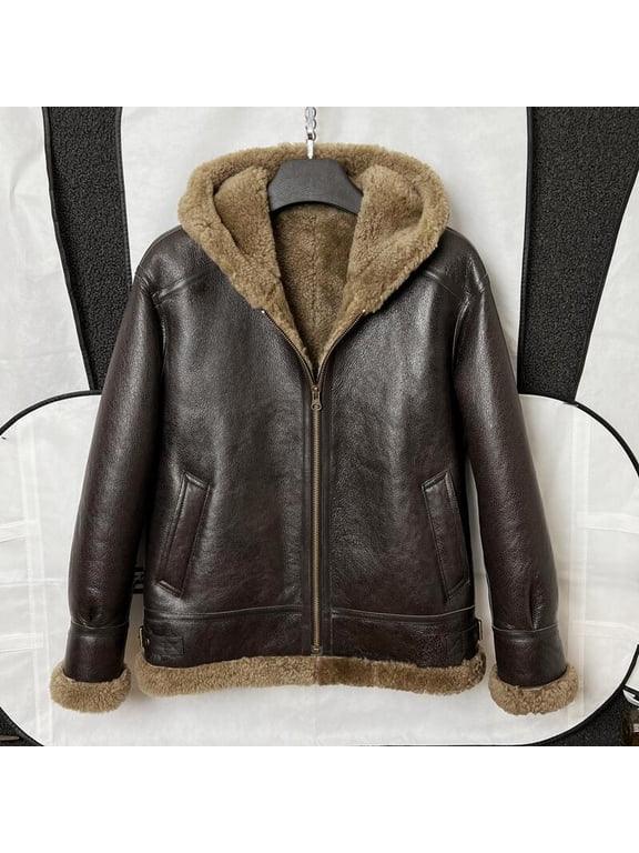 New Arrival Men's Winter Coat Genuine Sheepskin Shearling Coat Thick Warm Wool Liner with a Hood Outerware Brown Plus Oversized 58 60 62,58,Brown