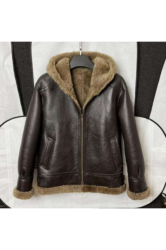 New Arrival Men's Winter Coat Genuine Sheepskin Shearling Coat Thick Warm Wool Liner with a Hood Outerware Brown Plus Oversized 58 60 62,60,Brown