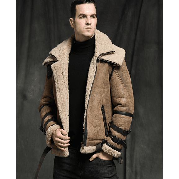 New Arrival Men's Winter Fashion Coat Genuine Sheepskin Leather Jacket for Motorcyclist Biker Pilot Outerware Wool Liner Double Layers Collar Brown 5XL 6XL,M,light brown