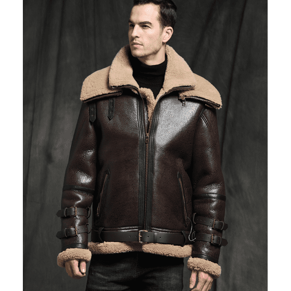 New Arrival Men's Winter Fashion Coat Genuine Sheepskin Leather Jacket for Motorcyclist Biker Pilot Outerware Wool Liner Double Layers Collar Brown 5XL 6XL,XL,dark brown