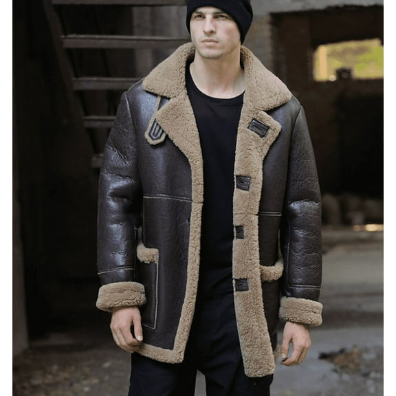 New Arrival Men's Winter Long Coat Genuine Leather Natural Sheepskin Shearling Jacket for Male Thick Wool Liner Black Brown Plus Oversize for Weight over 110kgs,Brown,48