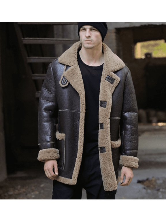 New Arrival Men's Winter Long Coat Genuine Leather Natural Sheepskin Shearling Jacket for Male Thick Wool Liner Black Brown Plus Oversize for Weight over 110kgs,Brown,48