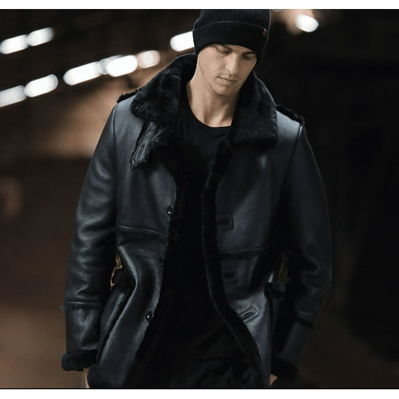 New Arrival Men's Winter Long Coat Genuine Leather Natural Sheepskin Shearling Jacket for Male Thick Wool Liner Black Brown Plus Oversize for Weight over 110kgs,Black,48