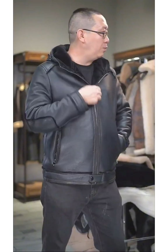 New Arrival Men's Winter Smart Casual Coat Genuine Sheepskin Shearling Leather Jacket with Hooded Natural Real Wool Liner Black