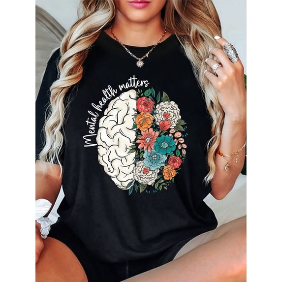 【New Arrival】Mental Health Matters Half Brain Floral Graphic T-Shirt, Unisex Cotton Crew Neck Mental Health Awareness Therapist Casual Tee, Self Care Gift