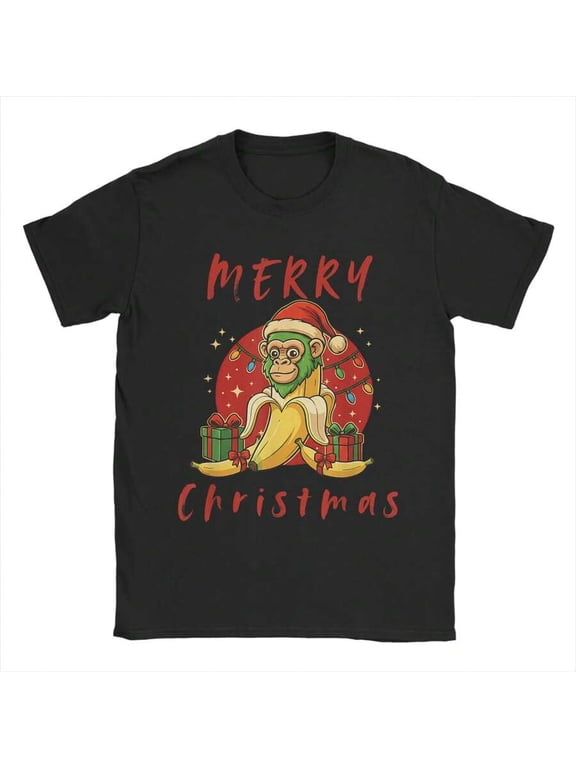 【New Arrival】Merry Christmas Monkey Banana Hybrid Xmas Gift Light Graphic T-Shirt, Funny Holiday Animal Casual Short Sleeve Tee