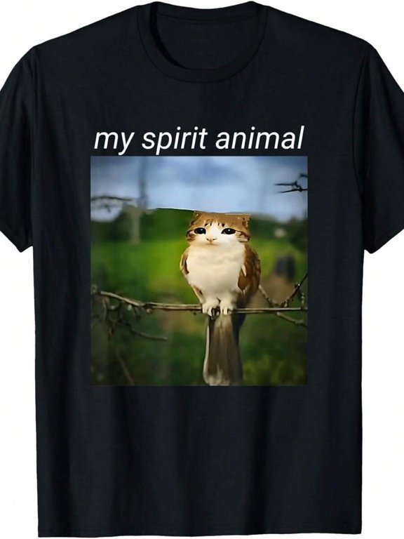 【New Arrival】My Spirit Animal Cute Cat Face Bird Meme Graphic T-Shirt, Funny Pet Lover Casual Short Sleeve Tee