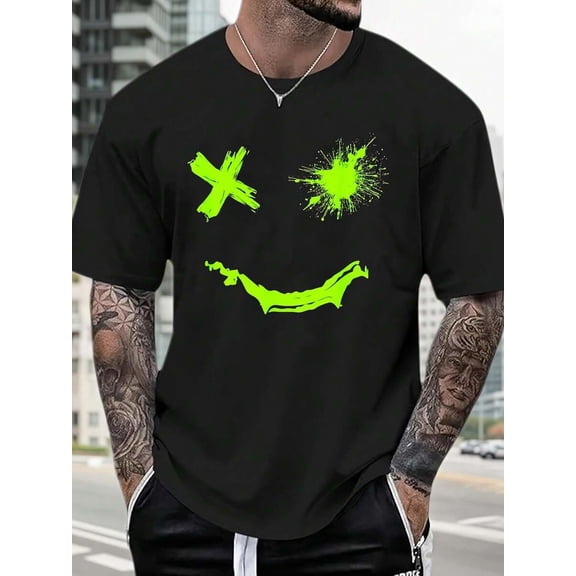 【New Arrival】Neon Green Distorted Graffiti Smiley Face Graphic T-Shirt, Unisex Cotton Oversized Crew Neck Dark Streetwear Tee, Youth Urban Fashion Gift