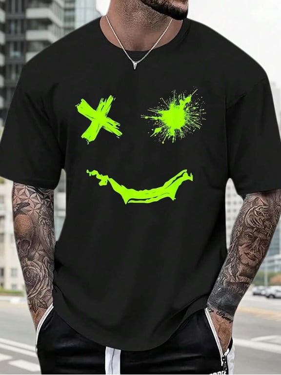 【New Arrival】Neon Green Distorted Graffiti Smiley Face Graphic T-Shirt, Unisex Cotton Oversized Crew Neck Dark Streetwear Tee, Youth Urban Fashion Gift