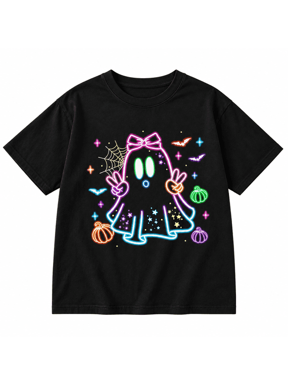 【New Arrival】 Neon Halloween Ghost Graphic T-Shirt, Cute Bow Pumpkin Bat Short Sleeve Crew Neck Tee