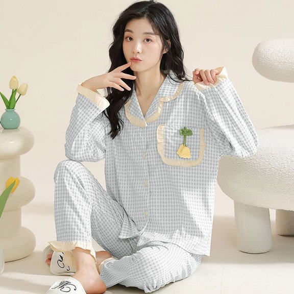 New Arrival Pajamas Women‘s Autumn Pull-stand Imitation Cotton Long-sleeved Women‘s plus Pastoral Style Cardigan Clothes suit Outwear