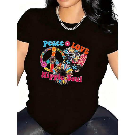 Women's Black "Peace Love Hippie Soul" Graphic T-Shirt, Crew Neck Casual Top