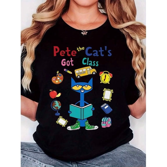 【New Arrival】Pete the Cat's Got Class Graphic T-Shirt, Teacher Back To School Crewneck Short Sleeve Tee, Casual Unisex Top