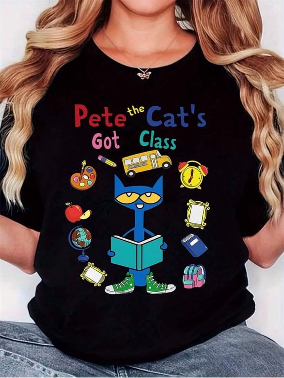 【New Arrival】Pete the Cat's Got Class Graphic T-Shirt, Teacher Back To School Crewneck Short Sleeve Tee, Casual Unisex Top