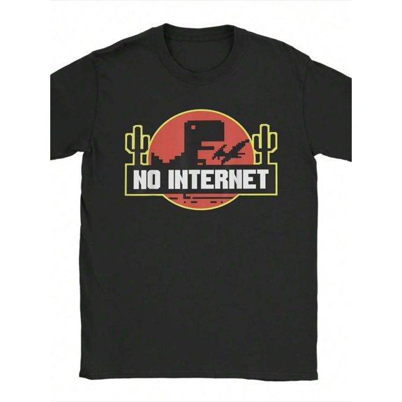 【New Arrival】Pixel Dinosaur No Internet Retro Desert Cactus Graphic T-Shirt, Funny Tech Meme Casual Black Short Sleeve Tee