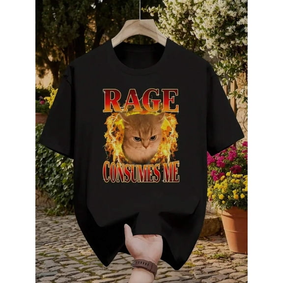 【New Arrival】Rage Consumes Me Angry Cat Fire Meme Graphic T-Shirt, Unisex Black Short Sleeve Funny Animal Humor Tee