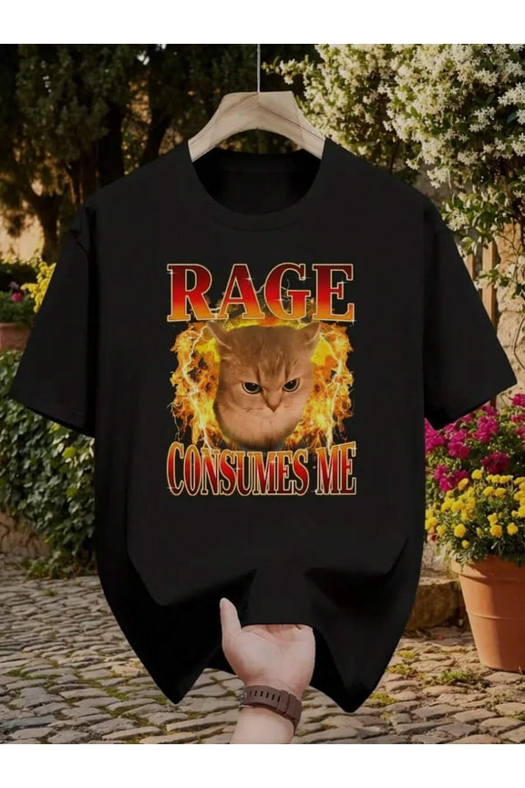 【New Arrival】Rage Consumes Me Angry Cat Fire Meme Graphic T-Shirt, Unisex Black Short Sleeve Funny Animal Humor Tee