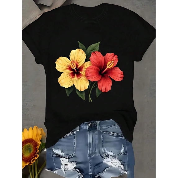 【New Arrival】Red Yellow Hibiscus Flower Graphic T-Shirt, Women Tropical Floral Casual Short Sleeve Tee