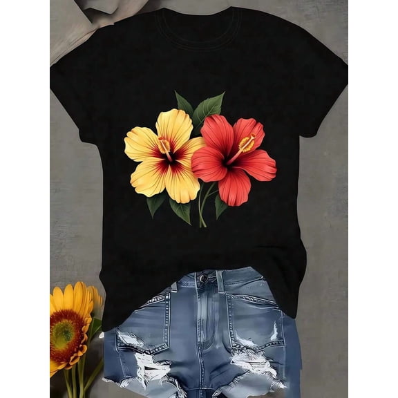 【New Arrival】Red Yellow Hibiscus Flower Graphic T-Shirt, Women Tropical Floral Casual Short Sleeve Tee