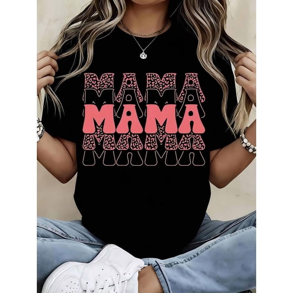【New Arrival】Retro Stacked Mama Pink Leopard Print Graphic T-Shirt, Women Mom Casual Short Sleeve Tee