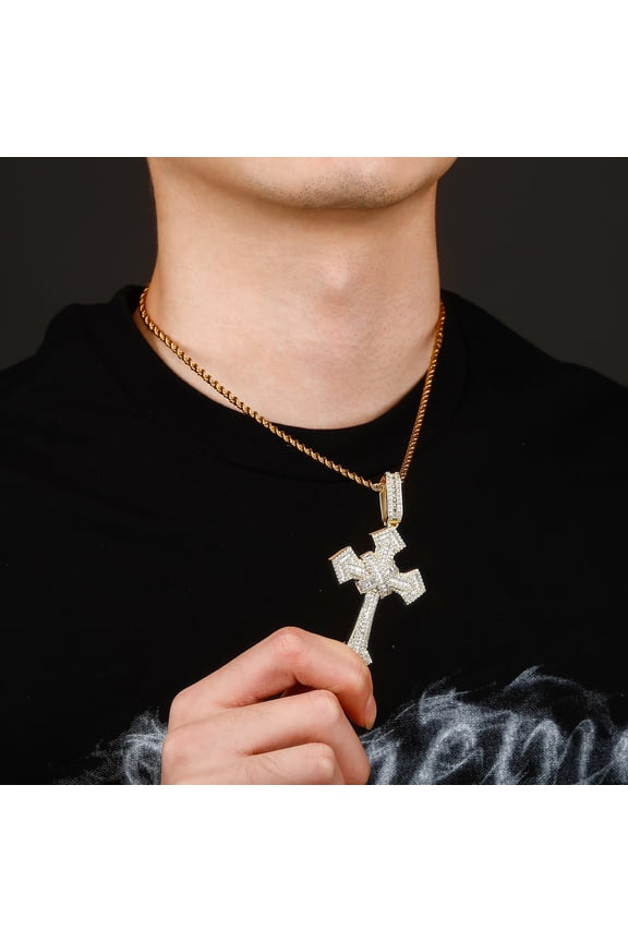 New Arrival Rhinestone Cuban LInk Chain Punk Iced Out Cross 14K White Gold Pendant Necklace for Men