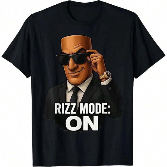 【New Arrival】Rizz Mode On Cool Business Man Cartoon Graphic T-Shirt, Viral Internet Meme Casual Short Sleeve Tee Gift For Young Men & Streetwear Fans