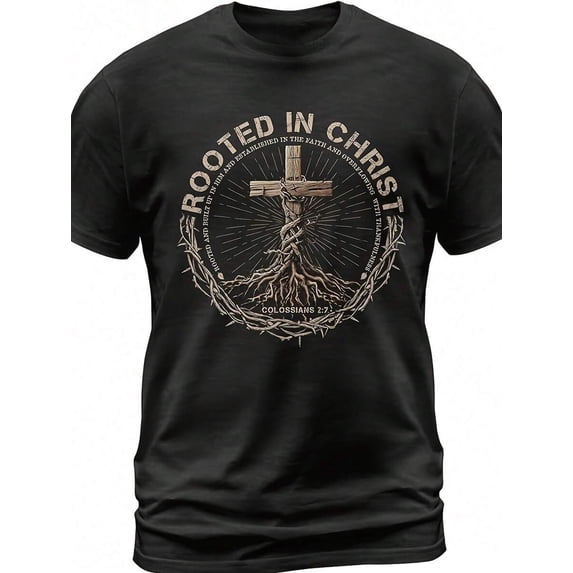 【New Arrival】Rooted In Christ Cross Root Thorn Wreath Vintage Graphic T-Shirt, Unisex Cotton Crew Neck Faith Religious Casual Tee, Christian Faith Gift