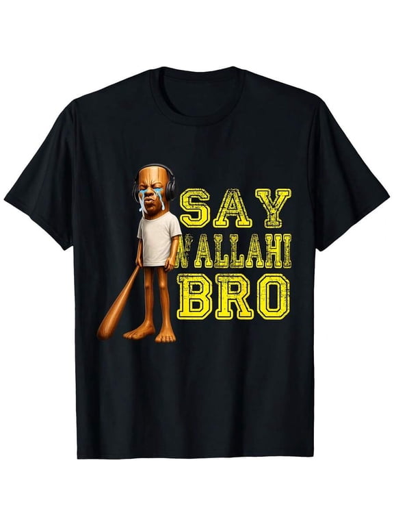 New ArrivalSay Bro Crying Guy With Headphones Baseball Bat Funny Meme Graphic T-Shirt, Viral Casual Streetwear Short Sleeve Tee