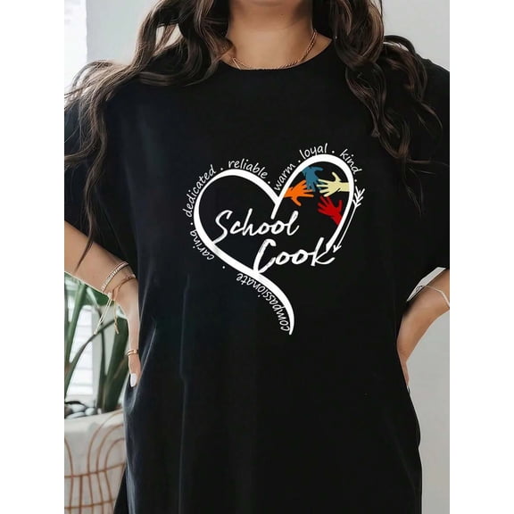 【New Arrival】School Cook Heart Hand Print Graphic T-Shirt, Oversized Unisex Crew Neck Cafeteria Worker Appreciation Casual Tee, School Lunch Staff Gift