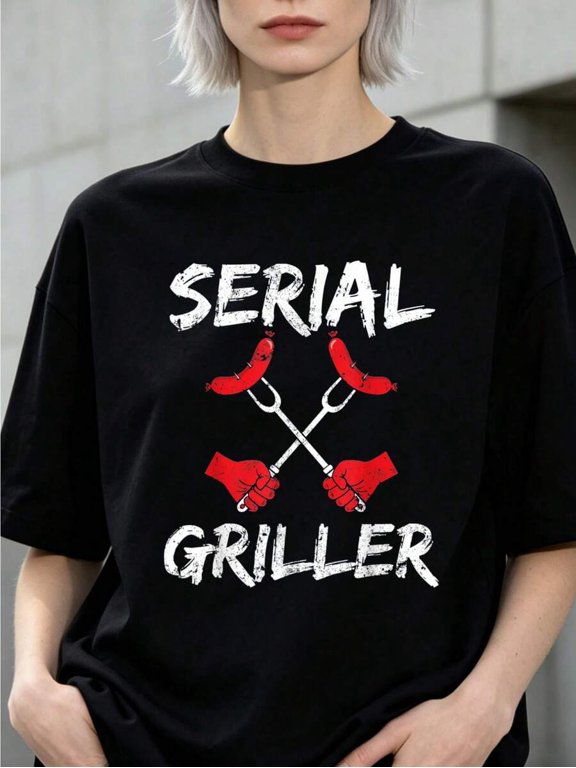 【New Arrival】Serial Griller Crossed BBQ Forks Sausage Graphic T-Shirt, Funny Grill Master Casual Tee, Gift for Backyard Barbecue Lovers