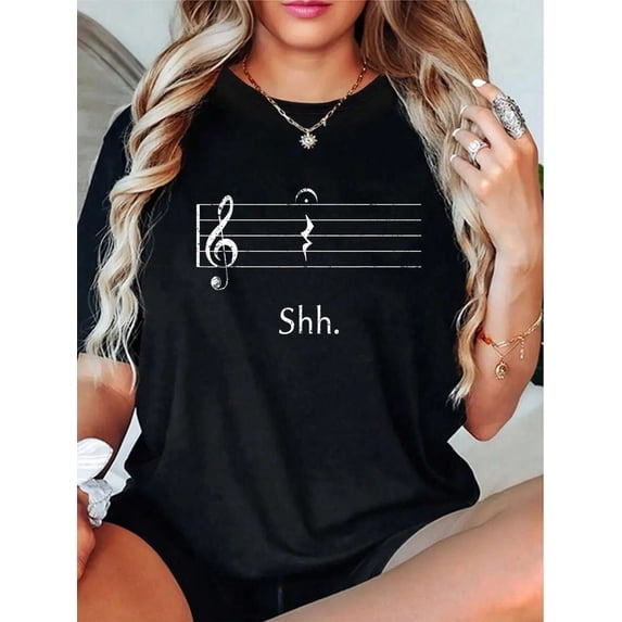 【New Arrival】Shh Music Rest Note Treble Clef Funny Musician Graphic T-Shirt, Women Music Lover Casual Short Sleeve Tee