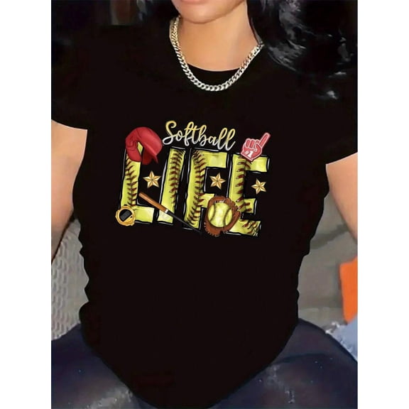 【New Arrival】Softball Life Themed Letter Graphic T-Shirt, Cotton Crew Neck Short Sleeve Tee, Sports Casual Wear Softball Player Fan Gift