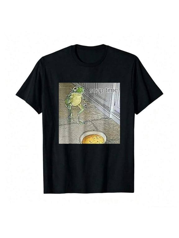 【New Arrival】Soup Time Frog Viral Meme Graphic T-Shirt, Unisex Black Short Sleeve Funny Frog Internet Humor Casual Novelty Tee