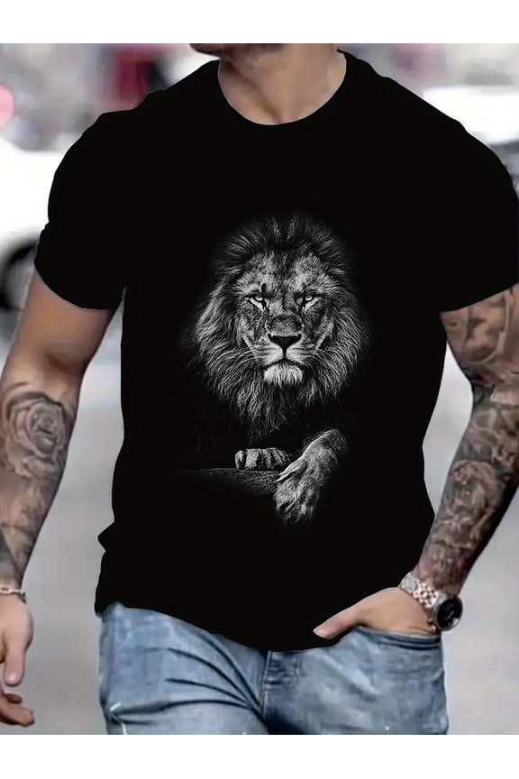New Arrival T-shirt, Black and White Style Lion Printed, Majesty, Casual Versatile, Casual Versatile, Comfortable and Breathable, Round Neck, Hot Selling Top Tee, Men'S Black Short-Sleeve T-Shirt