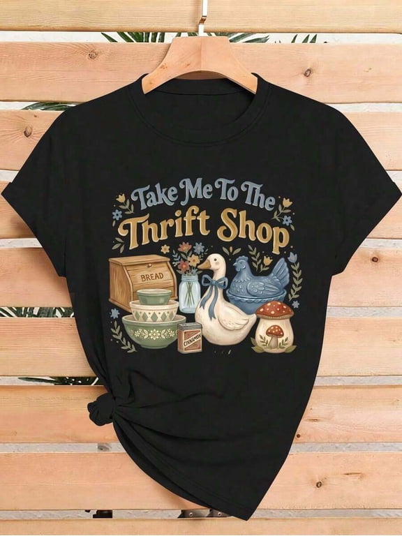 【New Arrival】Take Me To The Thrift Shop Vintage Cottagecore Goose Mushroom Ceramic Graphic T-Shirt, Unisex Cotton Crew Neck Retro Farmhouse Casual Tee, Thrift Lover Gift