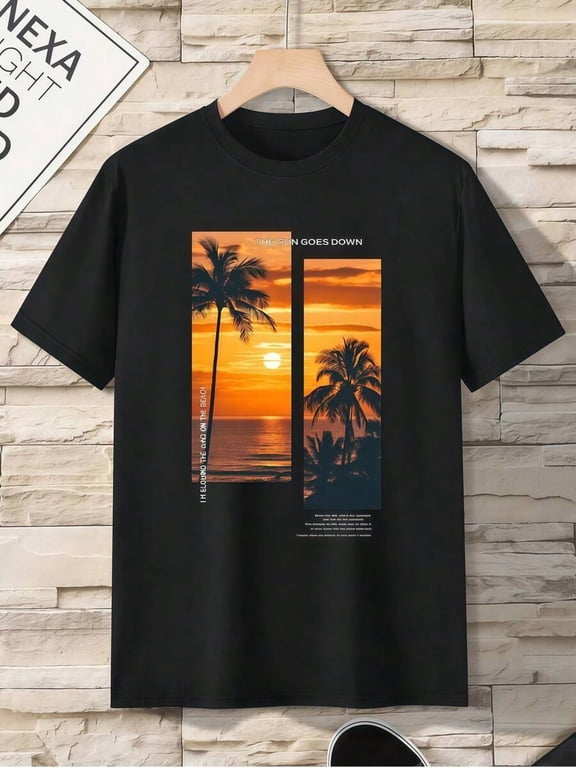 【New Arrival】The Sun Goes Down Sunset Palm Tree Beach Landscape Graphic T-Shirt, Unisex Cotton Crew Neck Vintage Summer Vacation Casual Tee, Tropical Travel Gift